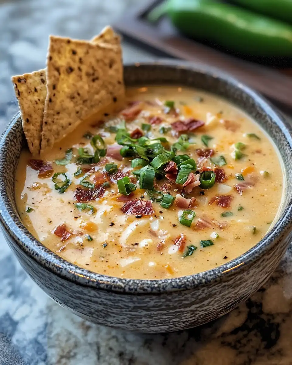 Finished creamy jalapeño popper soup garnished with bacon and jalapeño slices