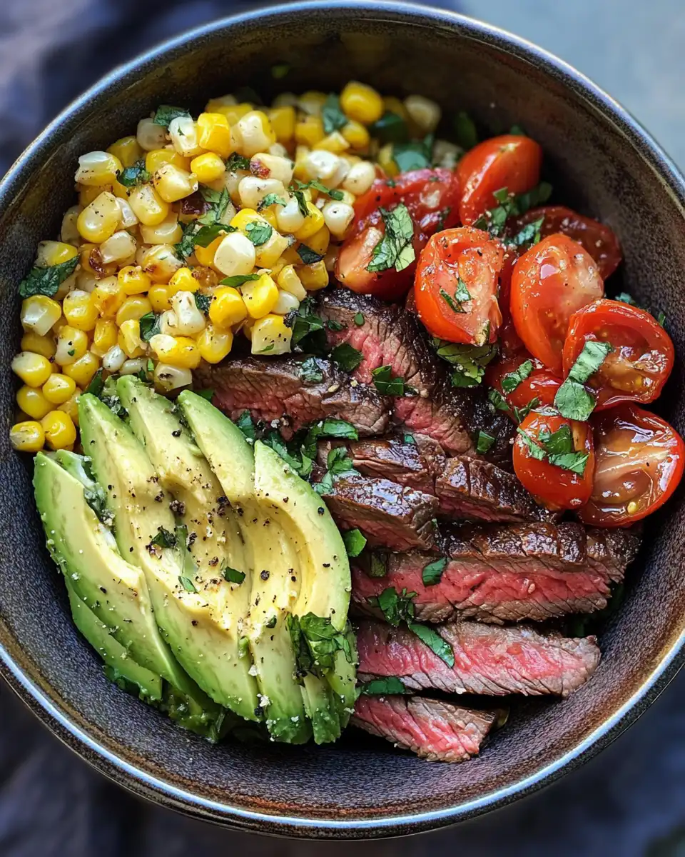 Ingredients for skirt steak and grilled corn summer salad with avocado and cotija cheese