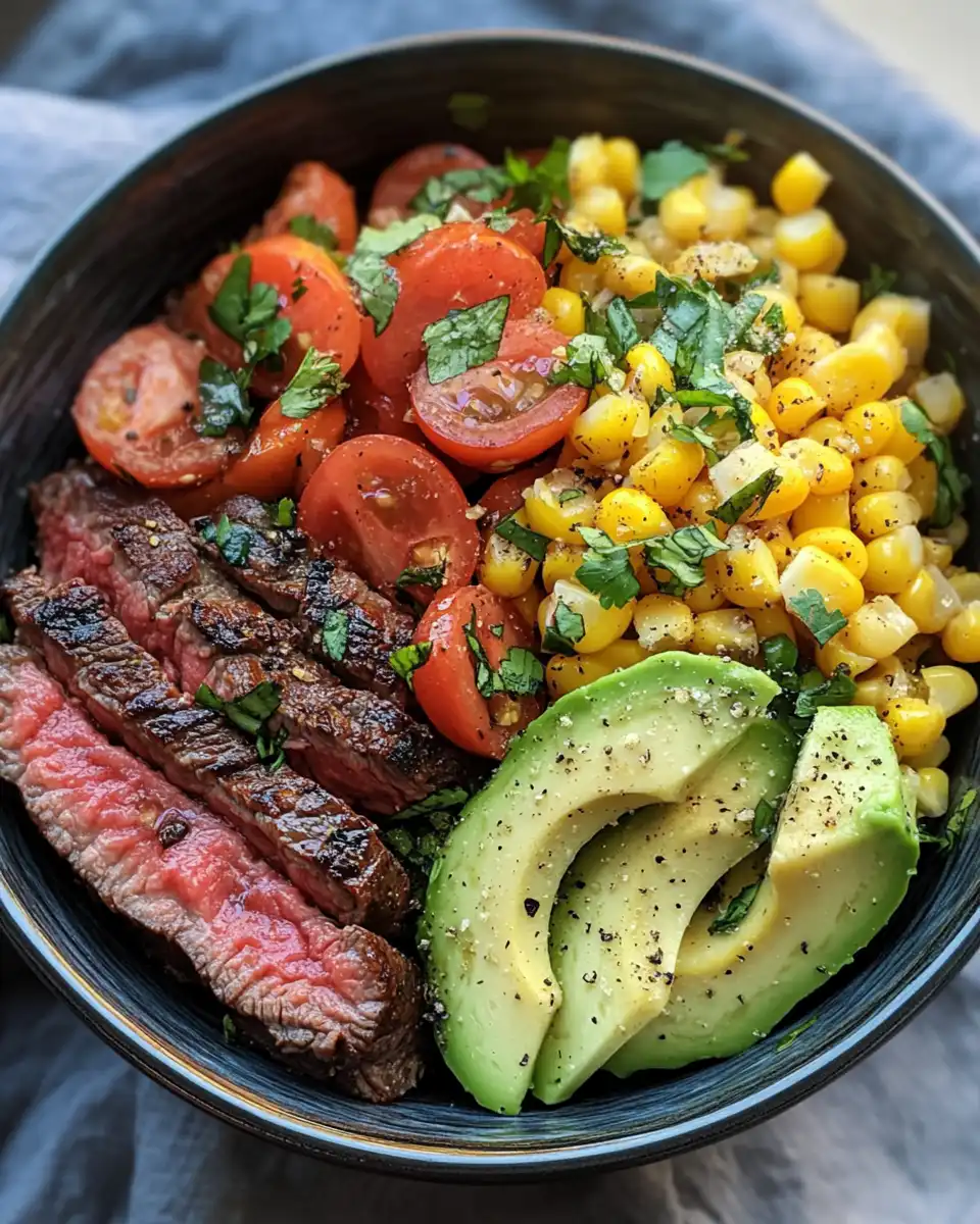 Close up of plated skirt steak and grilled corn salad with cotija and creamy avocado slices