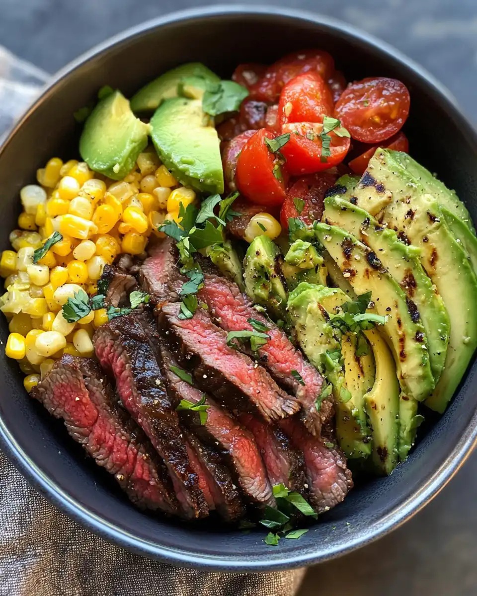 Juicy skirt steak with avocado and roasted corn in a summer salad bowl