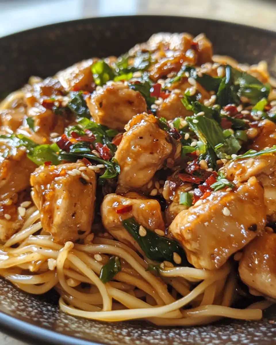 Ingredients for sticky garlic chicken noodles including peanut butter, soy sauce, fresh garlic