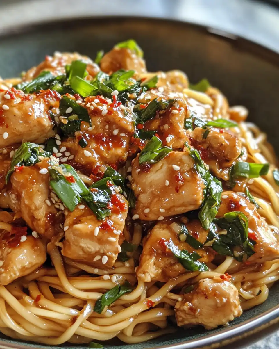 Finished sticky garlic chicken noodles served with fresh cilantro and peanuts garnish