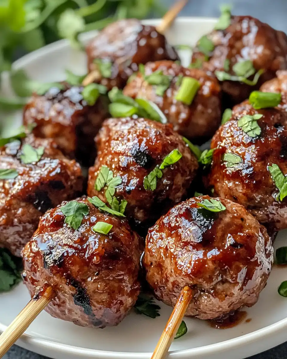 Close up of Korean BBQ meatballs with sesame seeds garnish