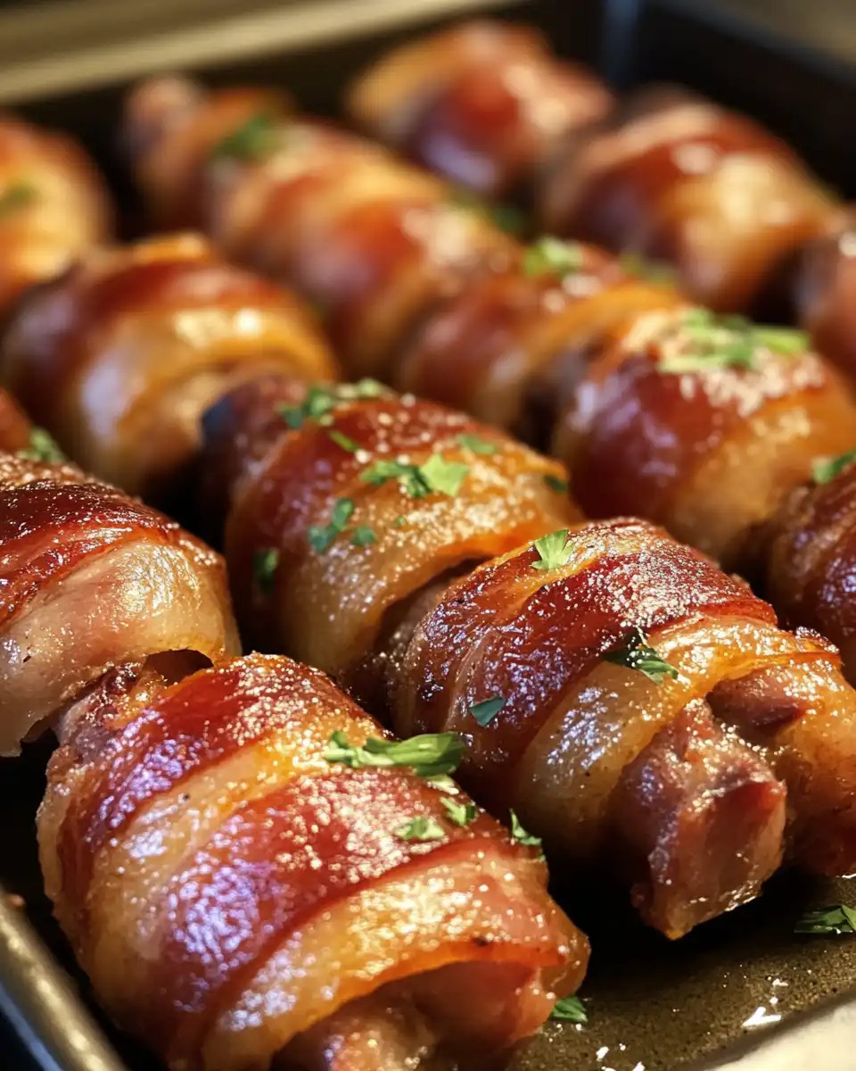 Ingredients for sticky pigs in blankets including bacon, sausage, sage, and maple syrup glaze