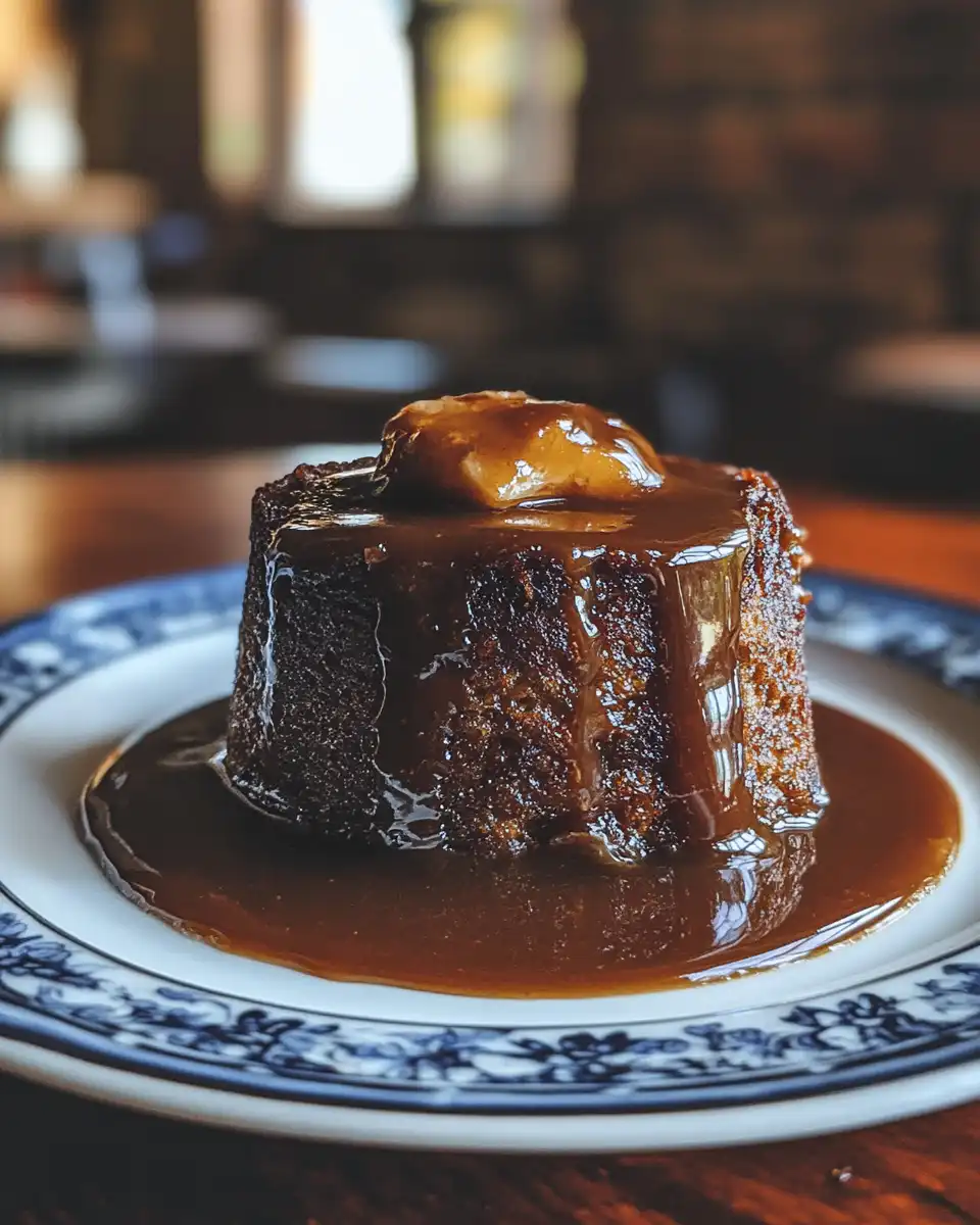 Close up of sticky toffee pudding served with rich toffee sauce drizzled on top