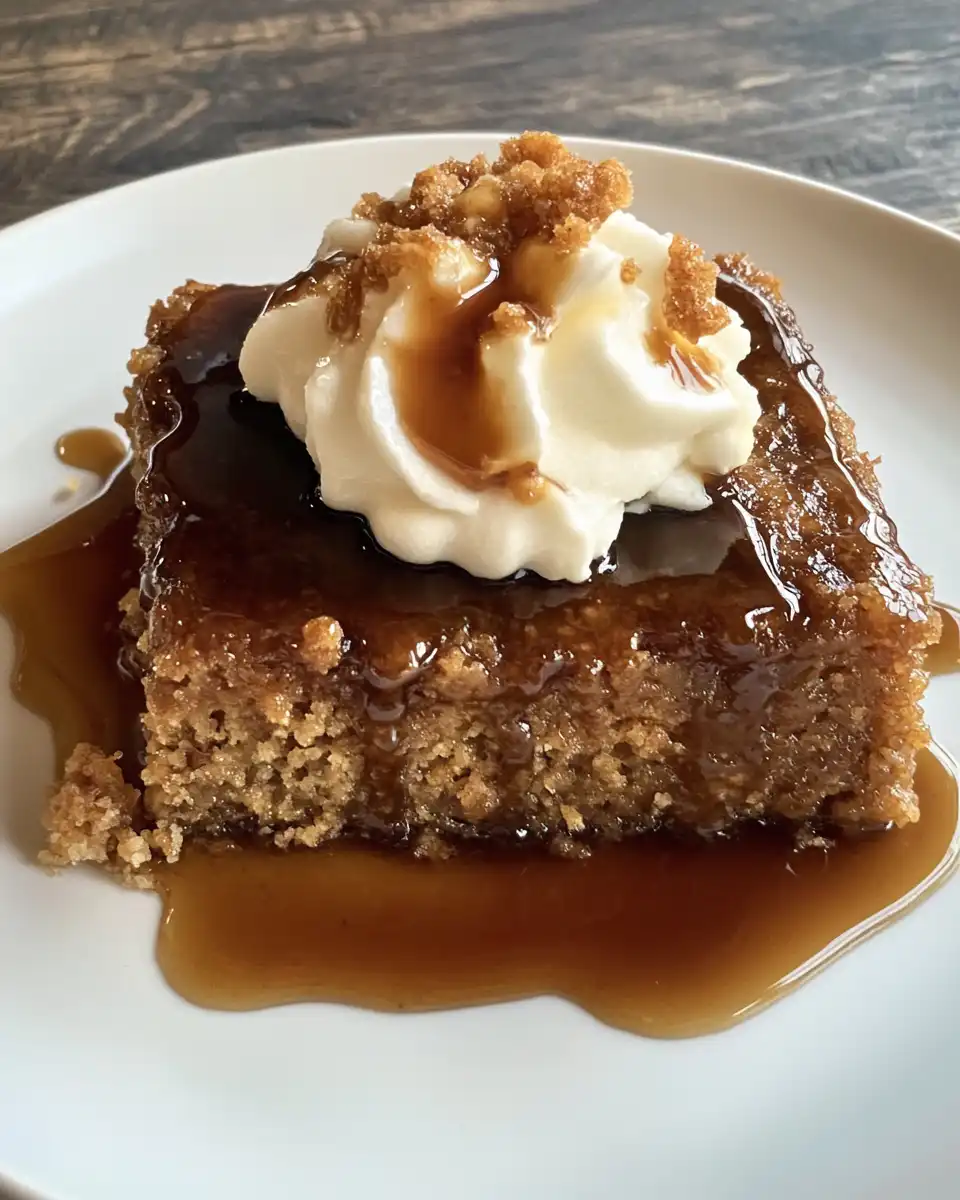 Freshly pressure cooked sticky toffee pudding in a baking dish