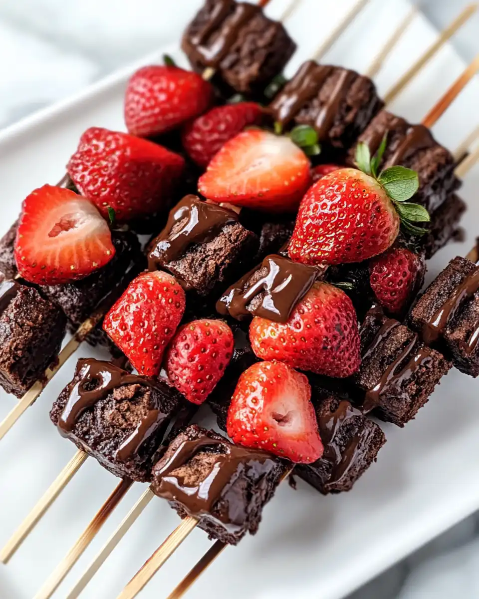 Finished strawberry brownie kabobs stacked and ready to serve
