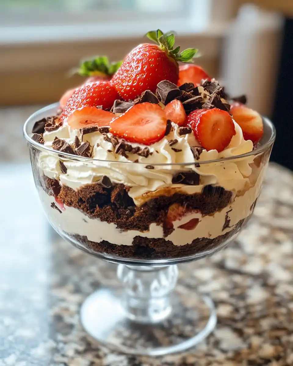 Layers of trifle with whipped cream and strawberries