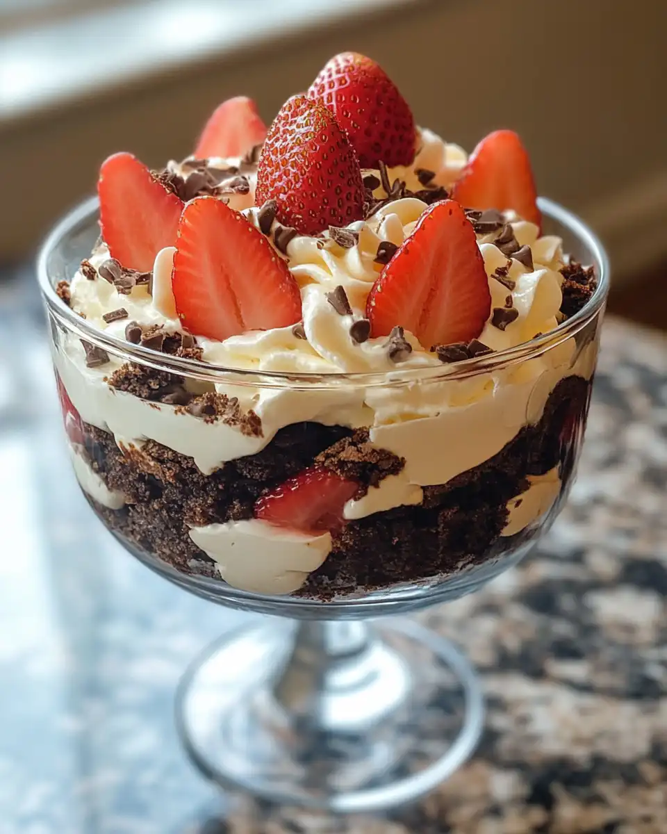 Strawberry Chocolate Brownie Trifle in a glass dish