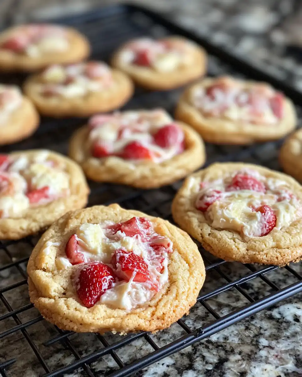Close up of strawberry cheesecake cookie showing creamy filling and golden crust