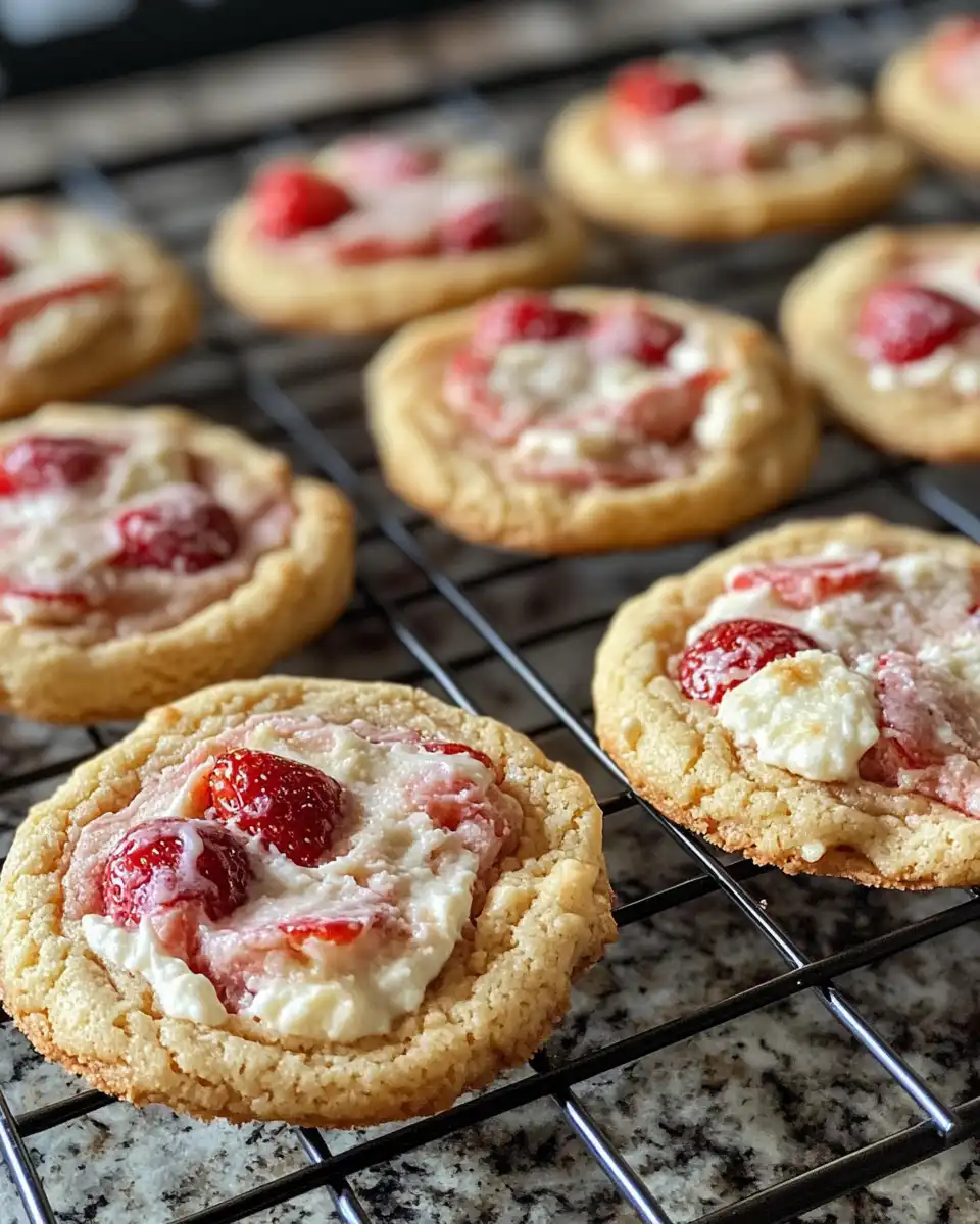 Strawberry cheesecake cookies freshly baked with golden crust and cream cheese filling