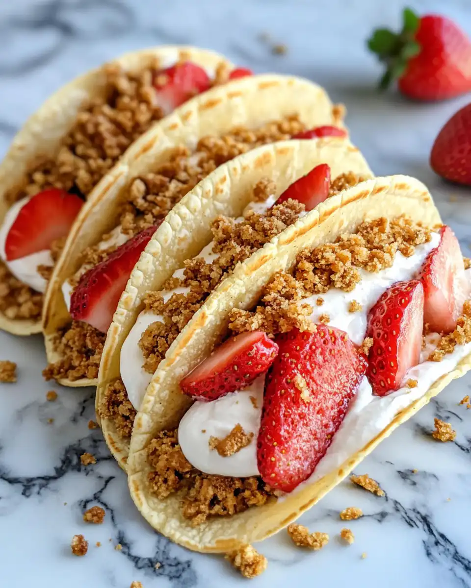 Finished strawberry crunch cheesecake tacos with fresh strawberries on top