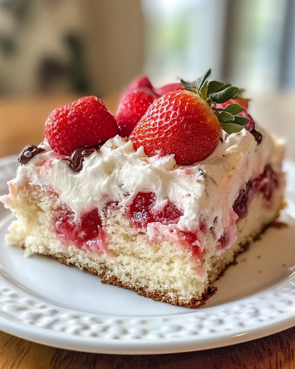 Close up of finished strawberry earthquake cake with cream cheese swirl and strawberries