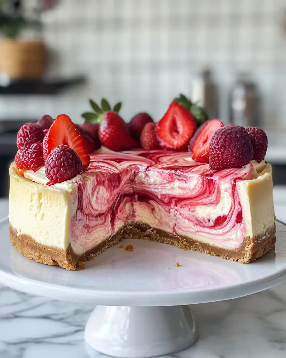 Close-up of sliced strawberry swirl cheesecake showing texture and sauce swirls