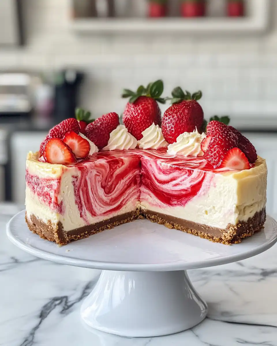 Fresh strawberry swirl cheesecake in a pressure cooker
