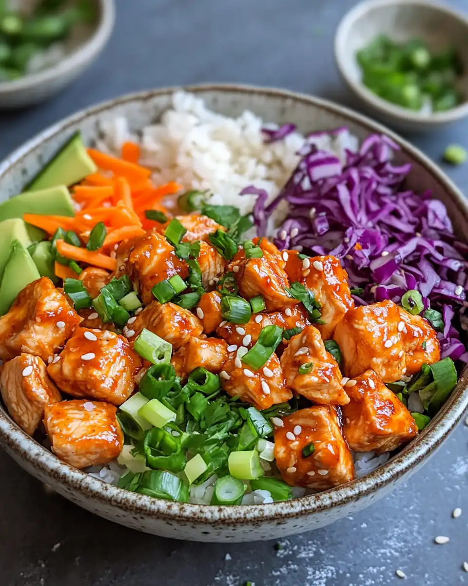Plated sweet chili chicken with lime and green onions garnish