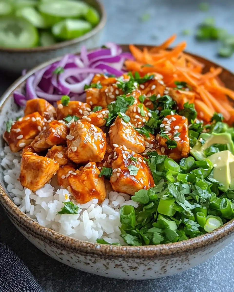 Sweet chili chicken bowl in a white bowl