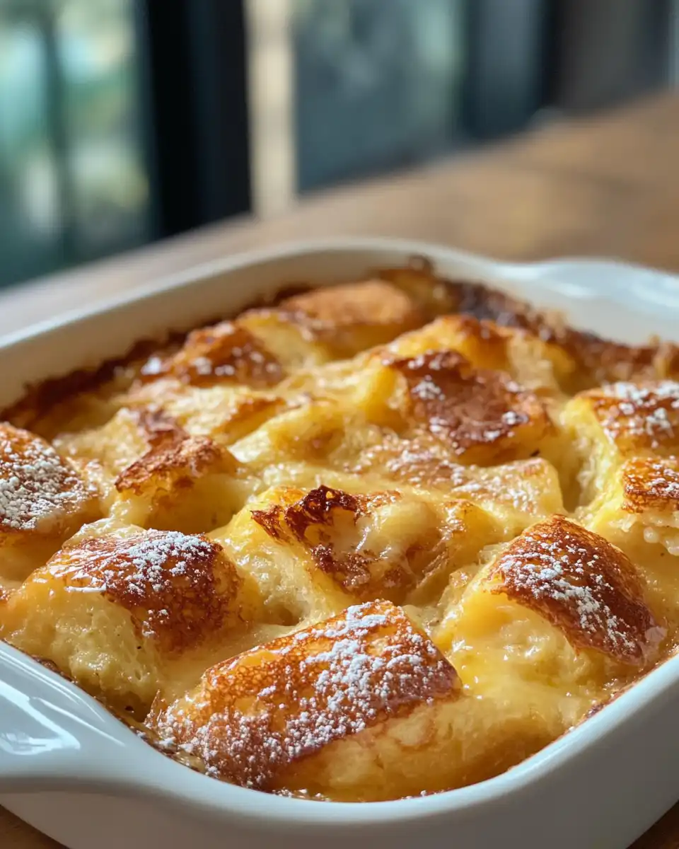Golden top Hawaiian roll French toast bake ready to serve