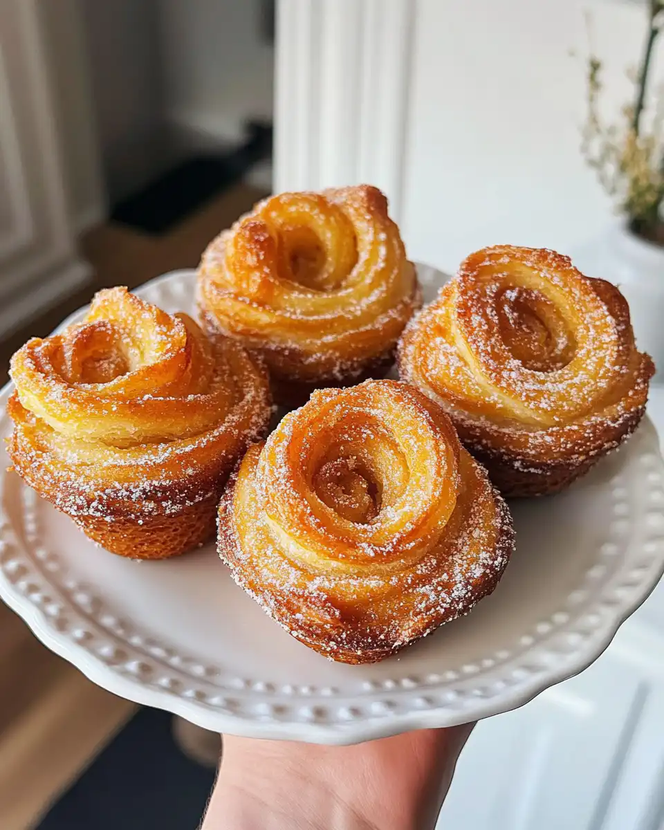 Close-up of a cruffin with flaky layers and cinnamon sugar on top