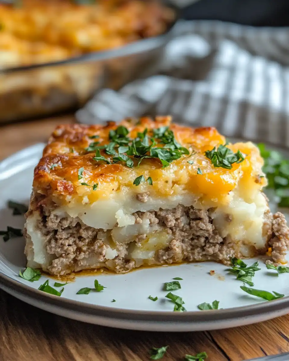 Fresh ingredients for loaded potato meatloaf casserole including ground beef, cheddar, onions and bacon