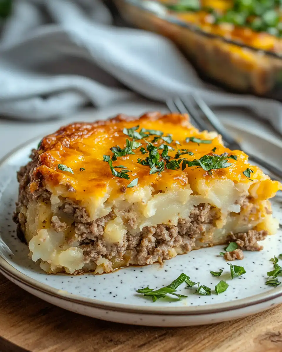 Close up of baked loaded potato meatloaf casserole with cheese melting and bacon topping