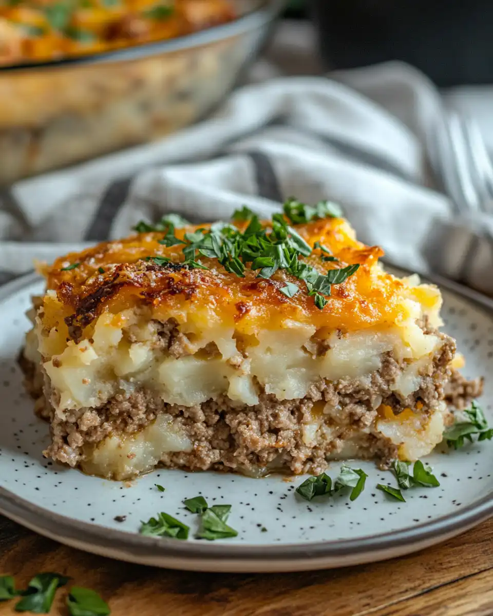 Loaded potato meatloaf casserole in baking dish with melted cheese and bacon