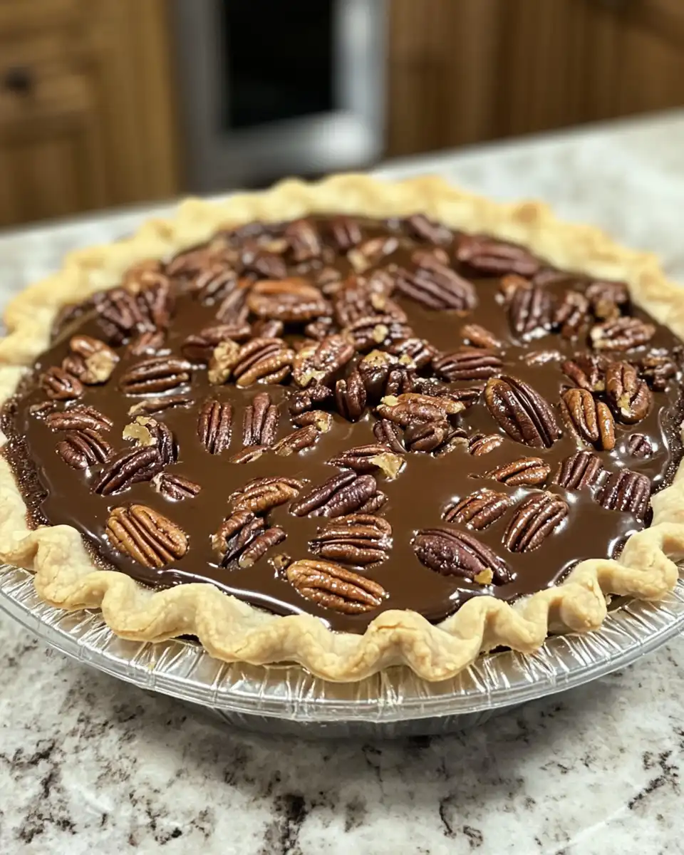 Chocolate pecan pie filling layered in crust before baking