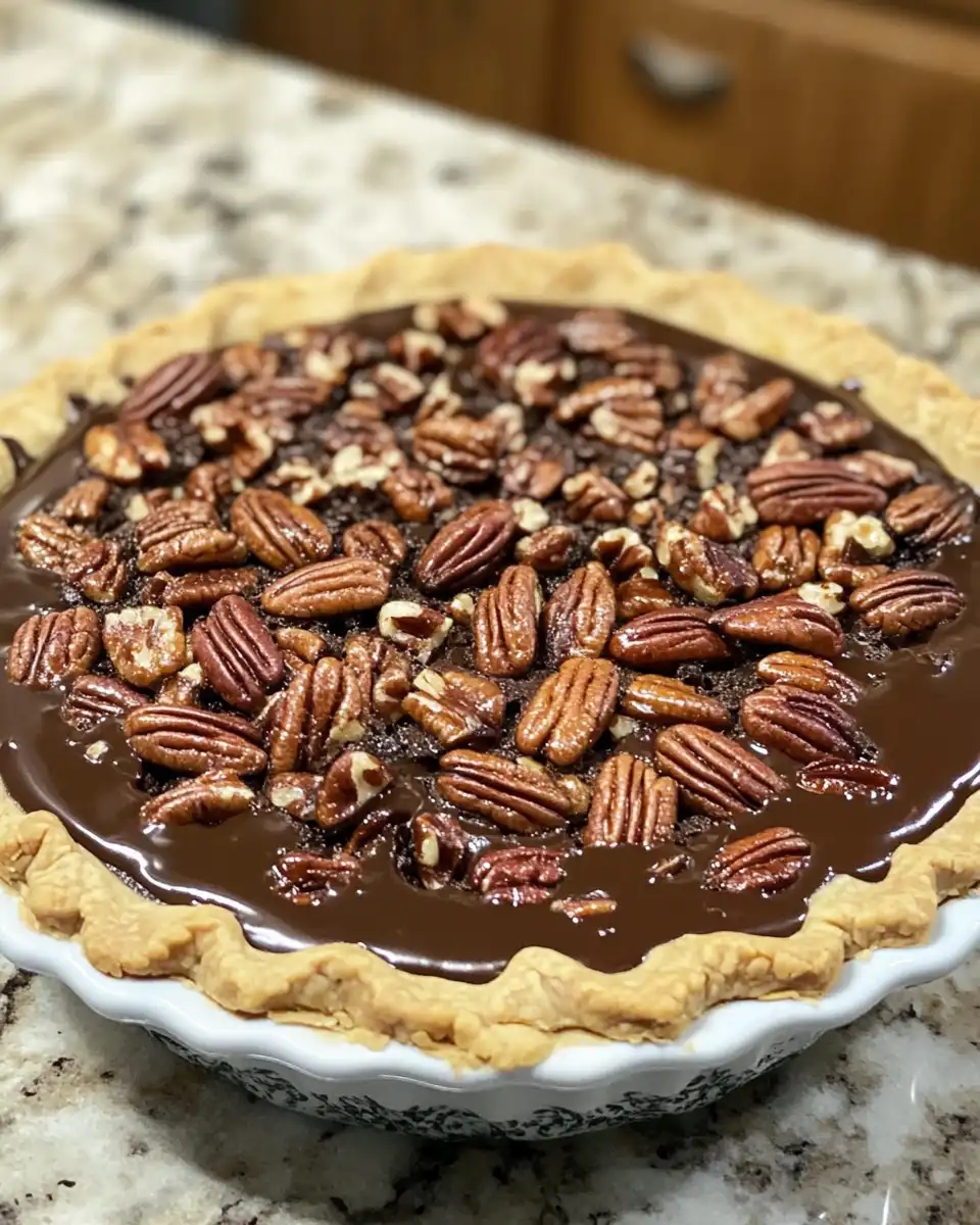 Slice of Texas Chocolate Pecan Pie with gooey center and pecan topping
