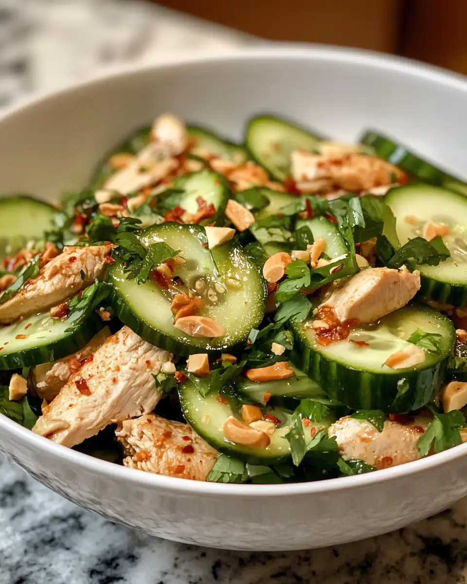 Close up ingredients for Thai chicken cucumber salad in bowl