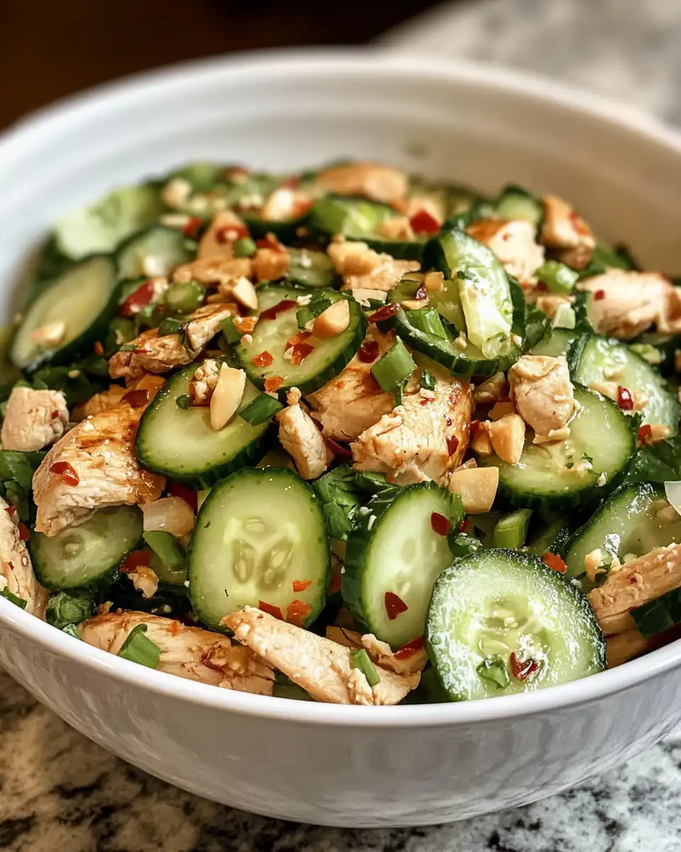 Served Thai cucumber chicken salad on plate garnished with herbs