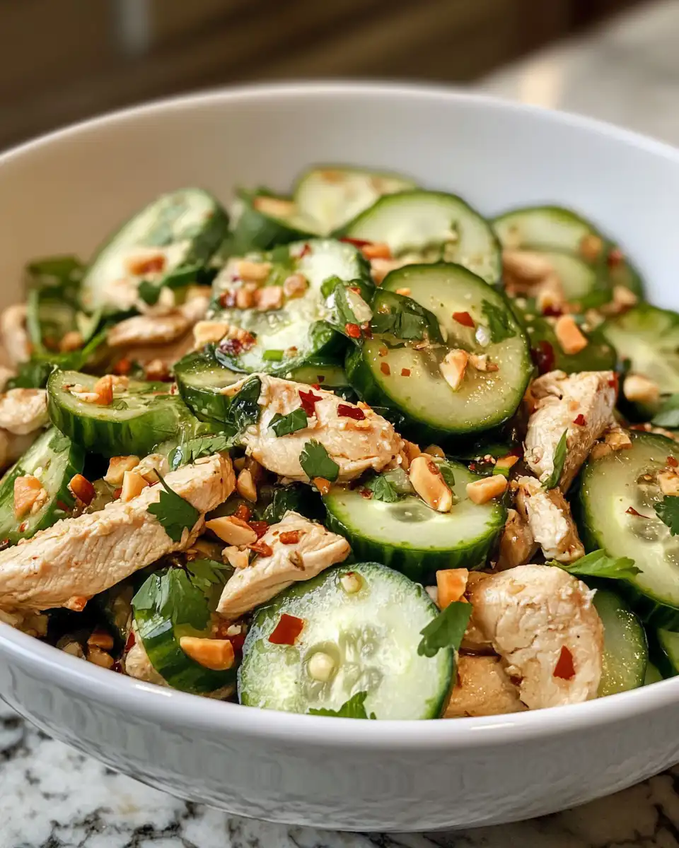 Fresh Thai cucumber salad with chicken in bowl
