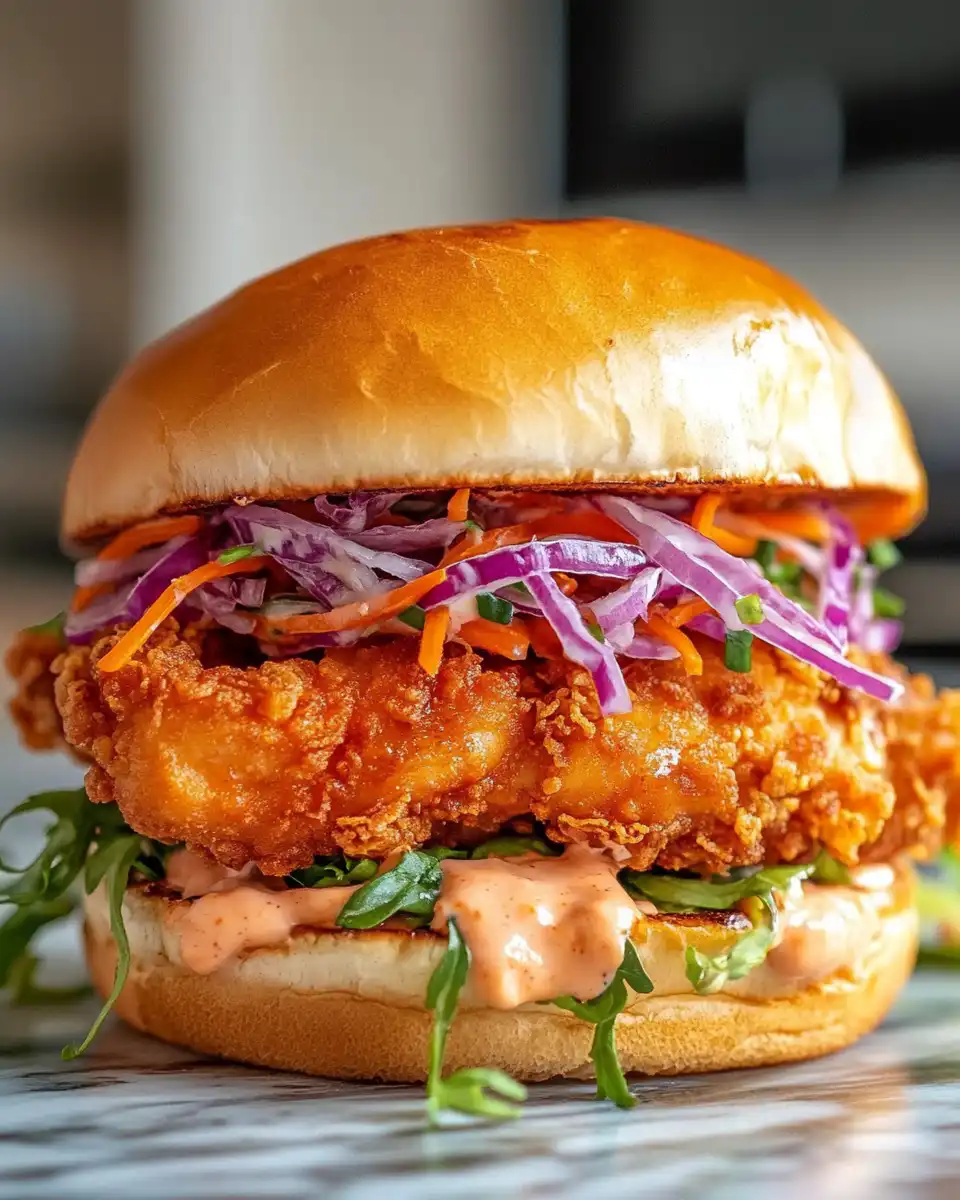 Served Thai fried chicken sandwich with bacon and sprouts on toasted brioche bun