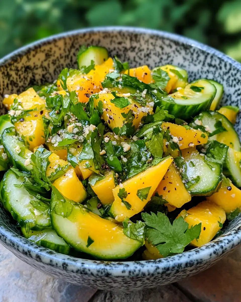 Ingredients for Thai mango cucumber salad including cucumber, mango, mint, and serrano chile