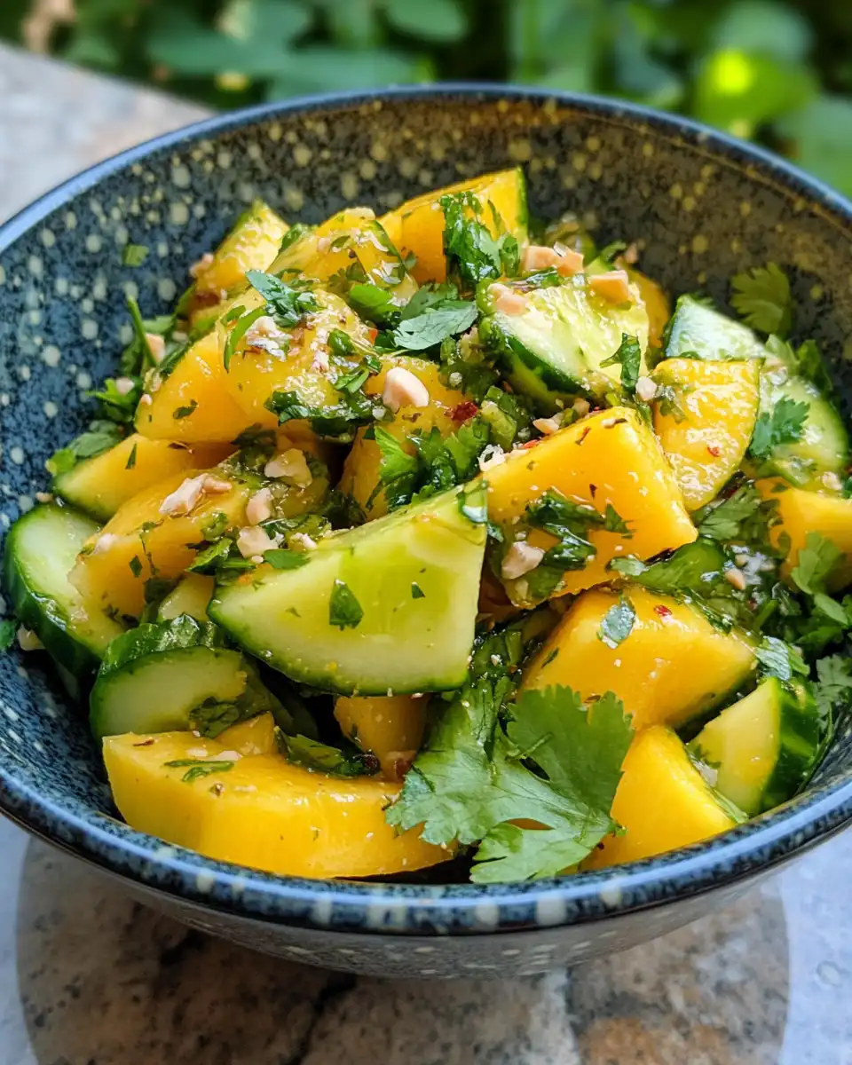 Close up of finished Thai mango cucumber salad with peanuts and fresh mint