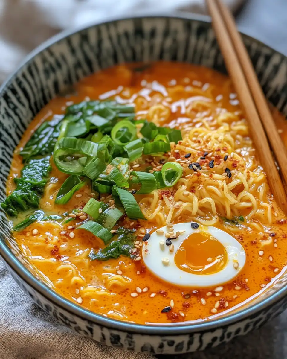 Ingredients prepared for Thai red curry ramen including noodles, herbs and spices