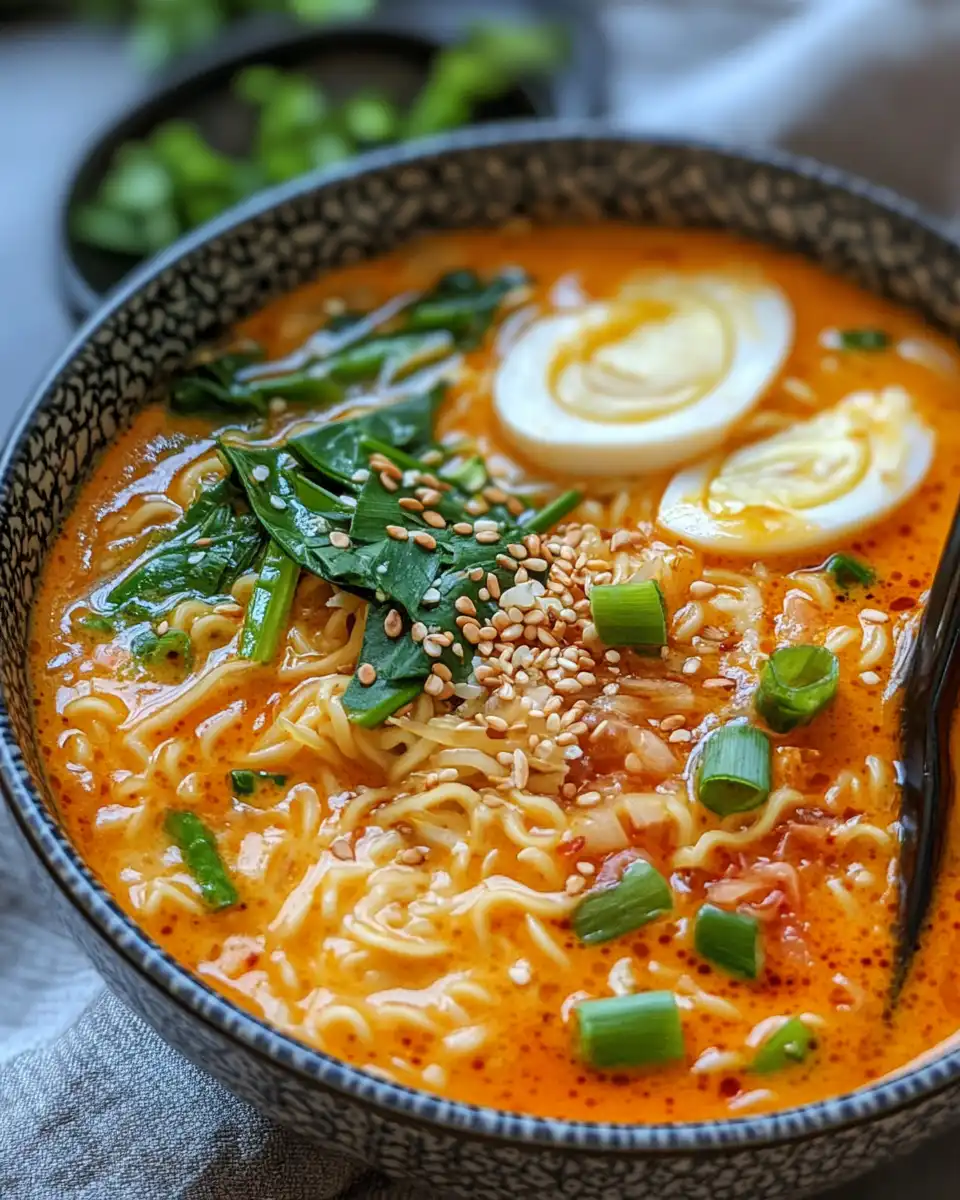 Finished Thai red curry ramen served with eggs and garnishes