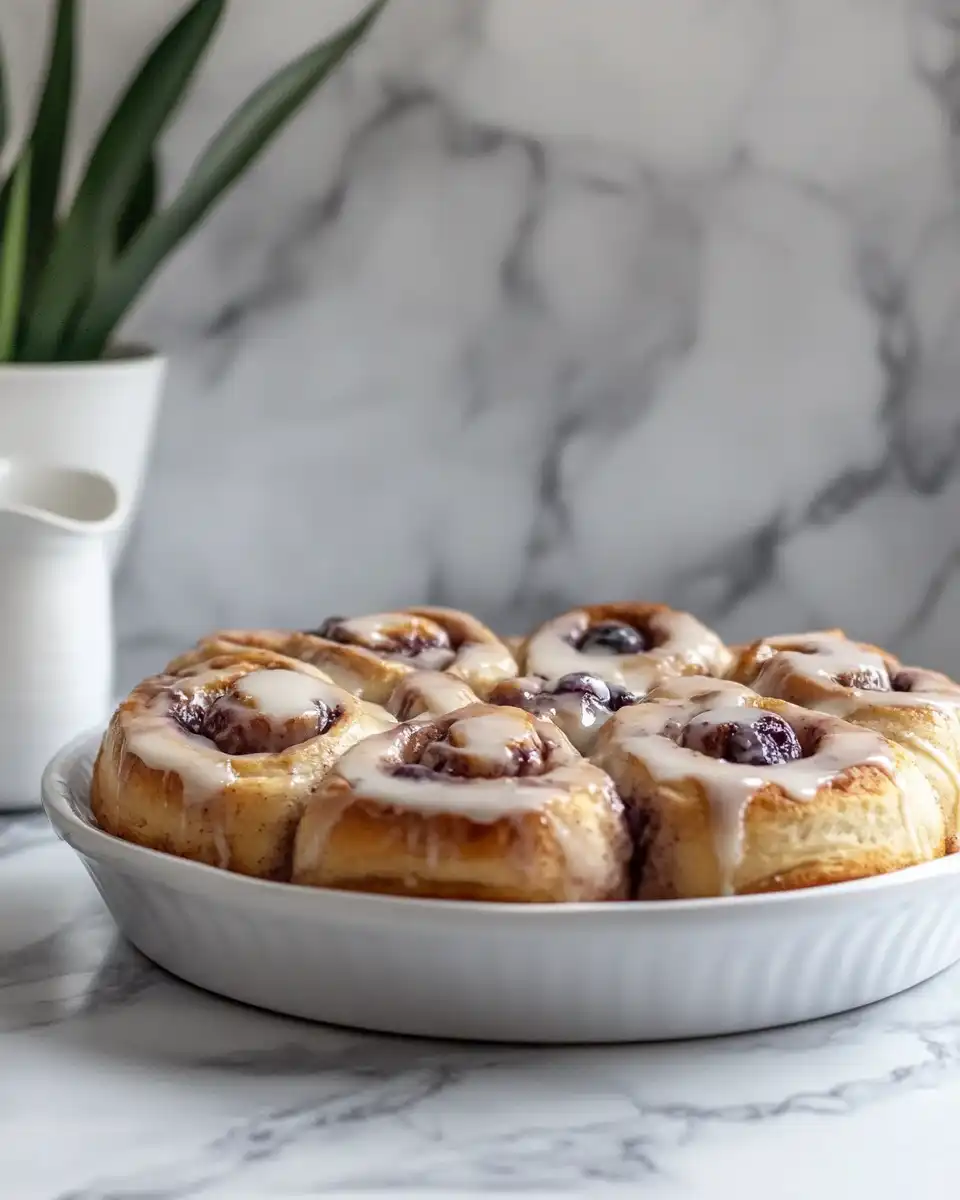 Freshly baked blueberry cinnamon rolls with golden tops and drizzle
