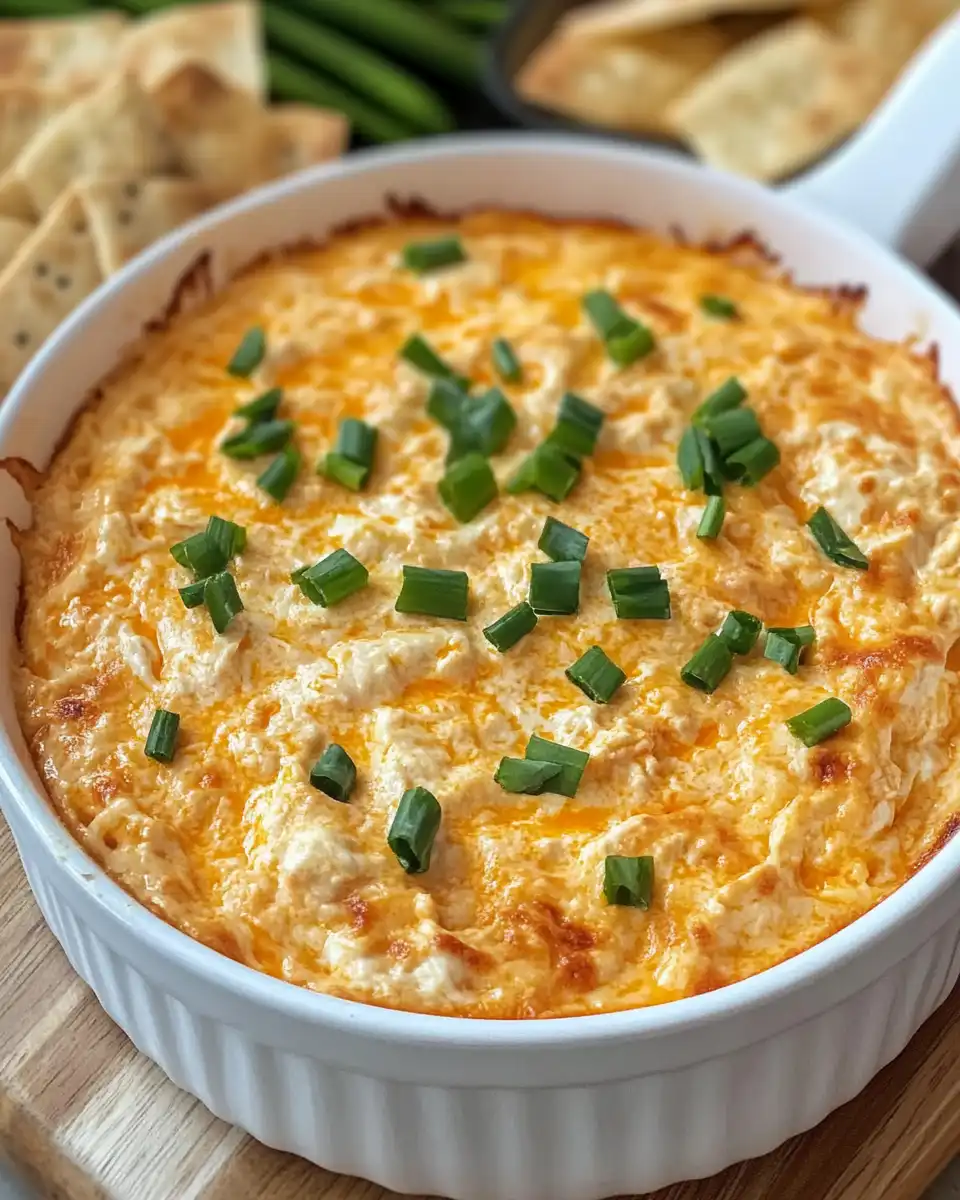 Buffalo chicken dip spread in baking dish topped with cheddar cheese ready for oven
