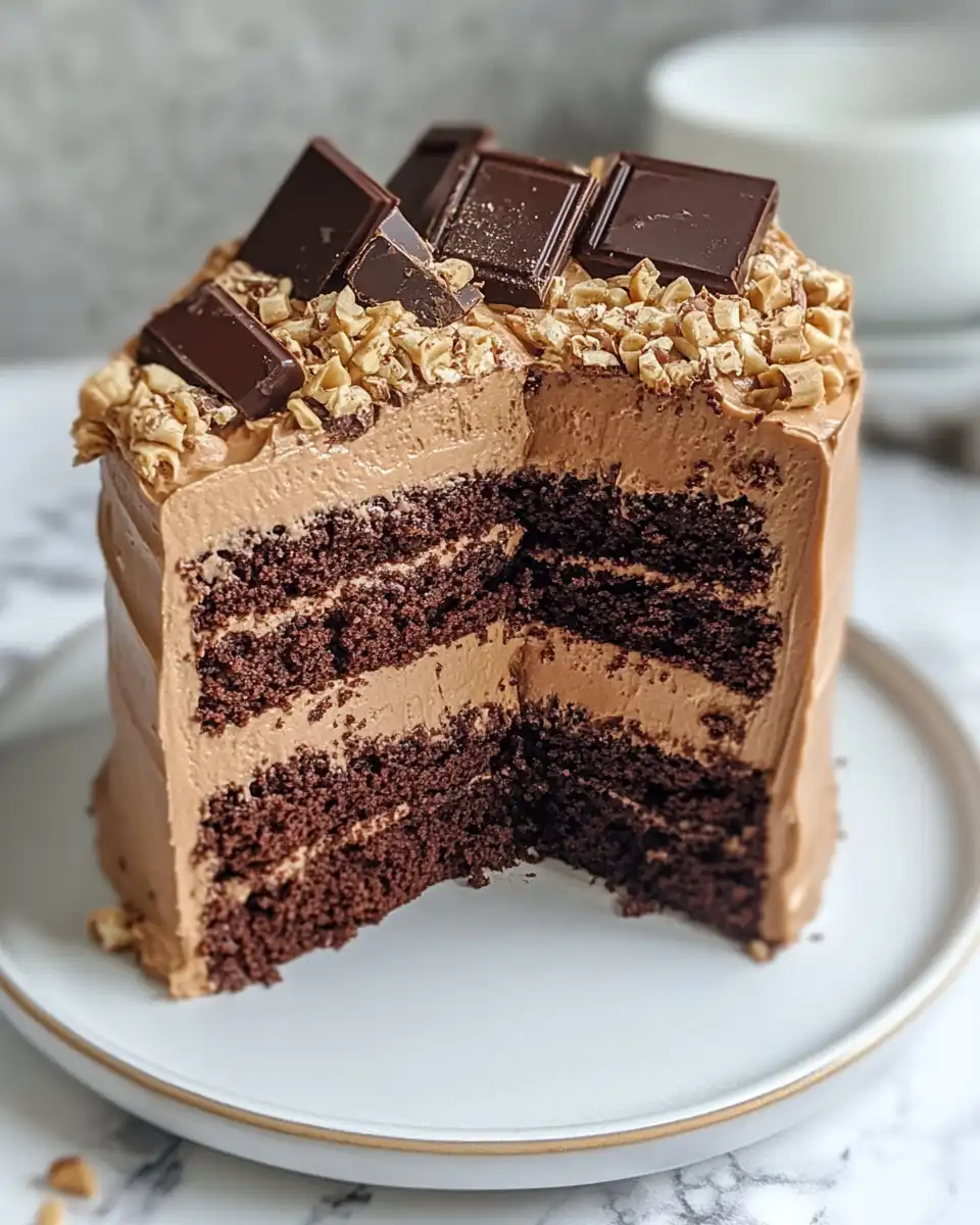 Close up of finished chocolate Snickers cake with layered frosting and peanuts