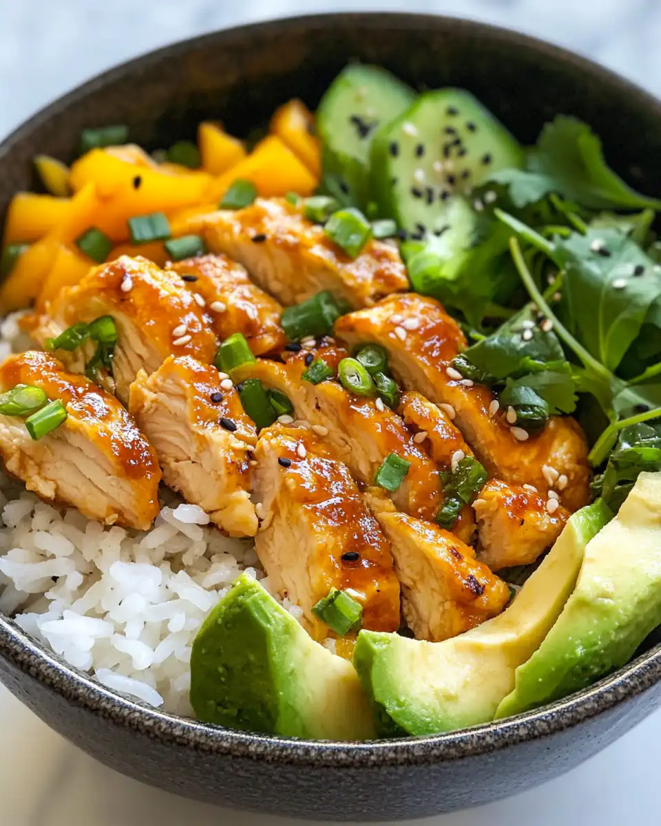 Close-up of the finished crispy coconut chicken rice bowl with soy and honey drizzle