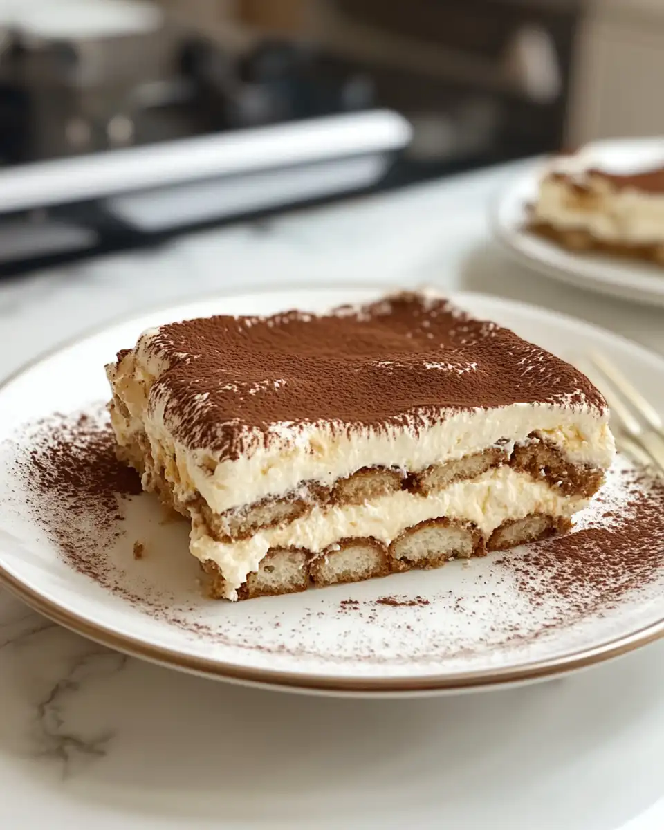 Final plated pressure cooker tiramisu with cocoa dusting