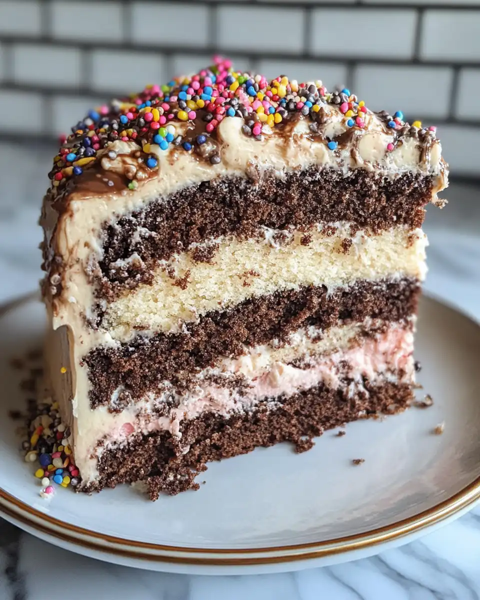Finished Tornado Cake served topped with coconut flakes and pecans on plate