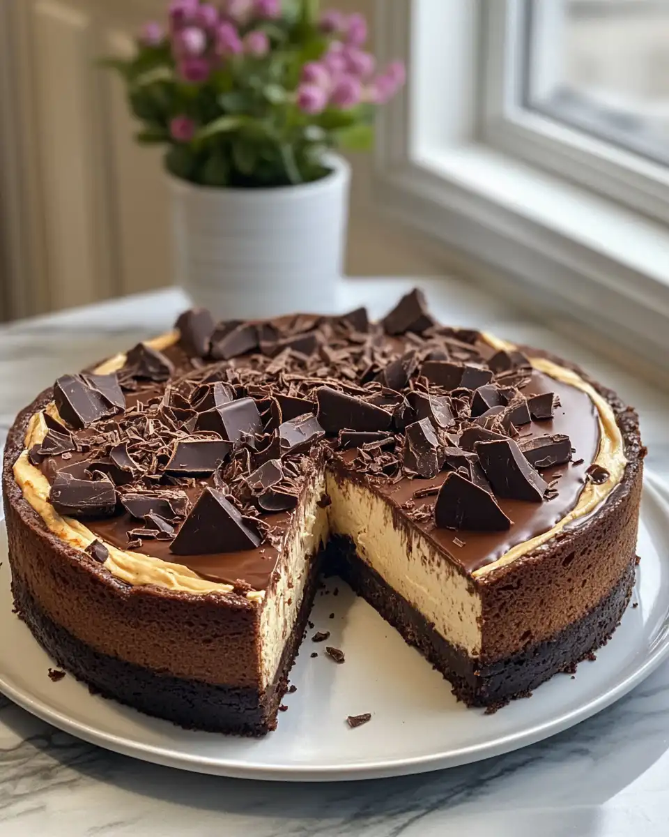 Sliced triple chocolate cheesecake with smooth layers and chocolate curls