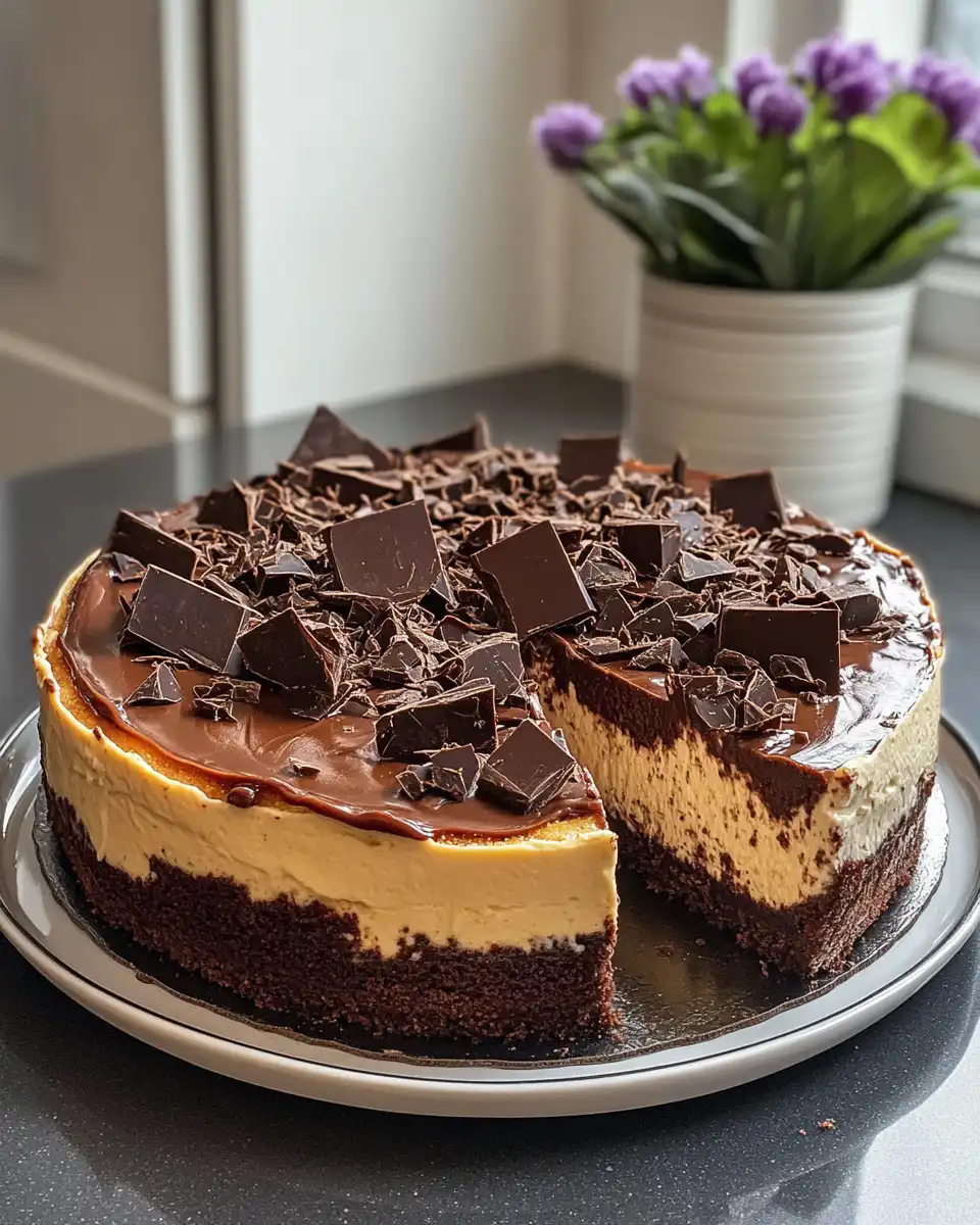 Steam rising from pressure cooker with triple chocolate cheesecake inside
