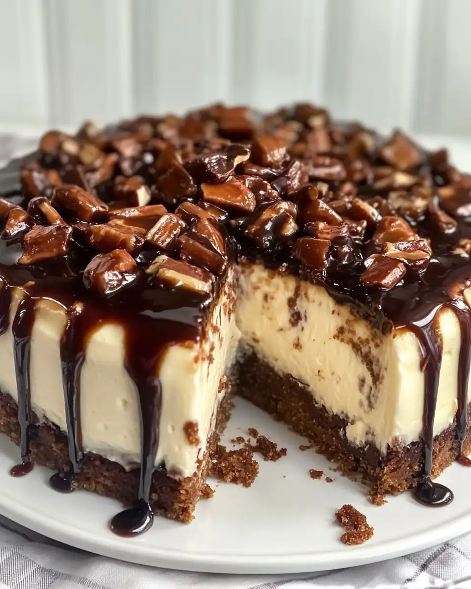 Finished Turtle Cheesecake plated with caramel sauce drizzle