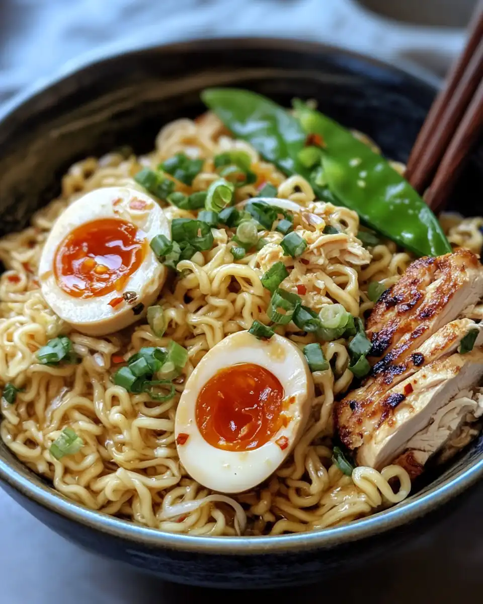 Ingredients for chicken ramen noodles including soy sauces, chicken, and veggies