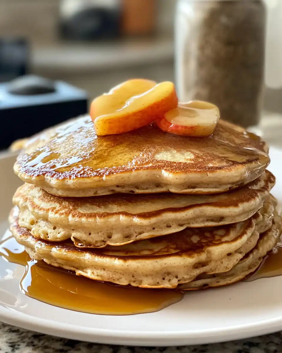 Vanilla cinnamon buttermilk pancakes stacked with syrup
