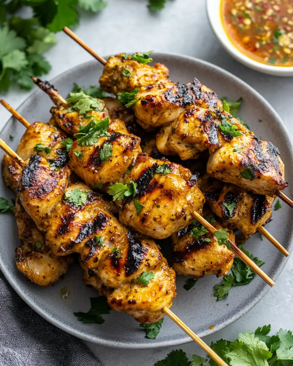 Grilled Vietnamese chicken thighs plated with fresh herbs and lime