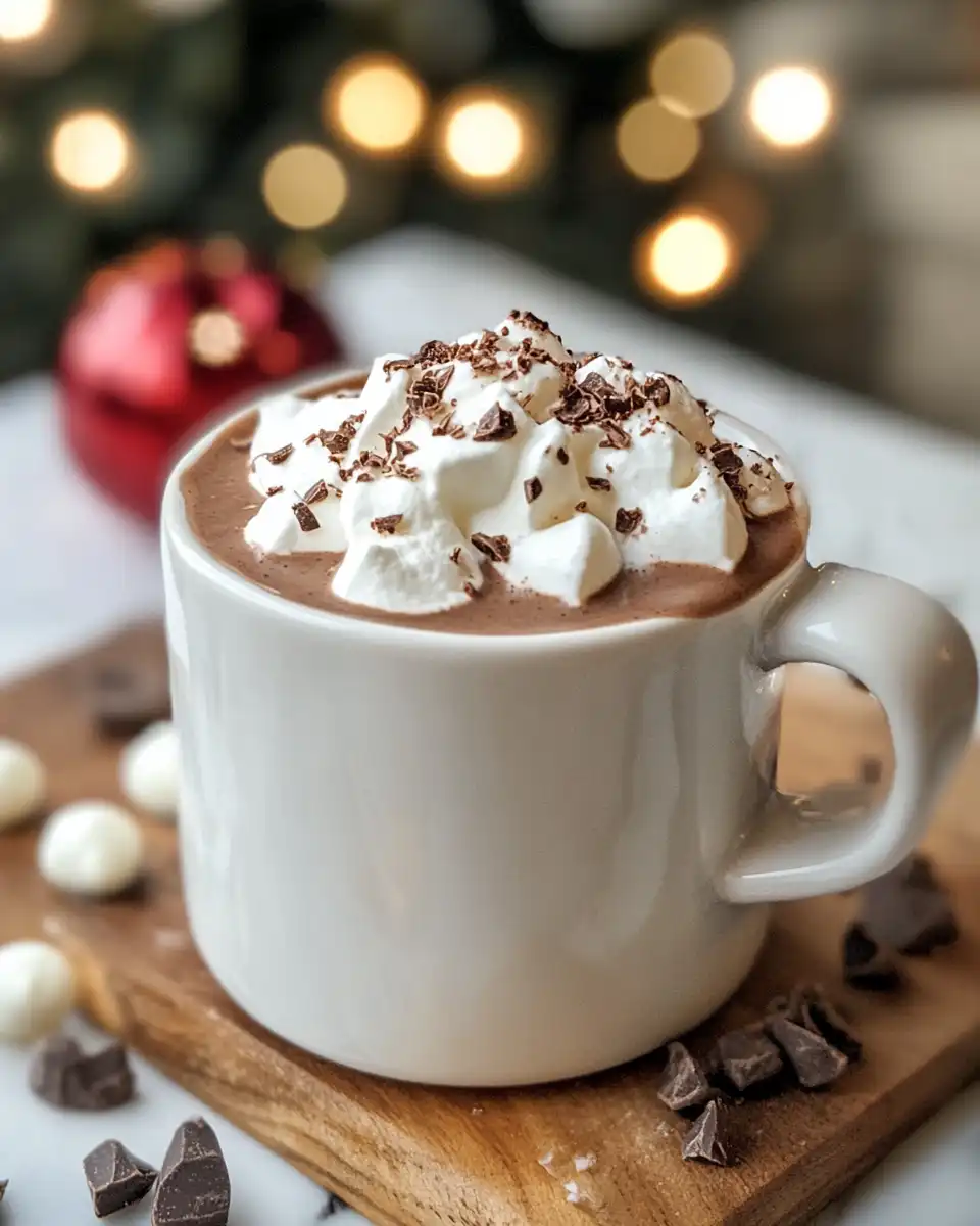Whipped hot chocolate in a large mug with almond biscotti on the side