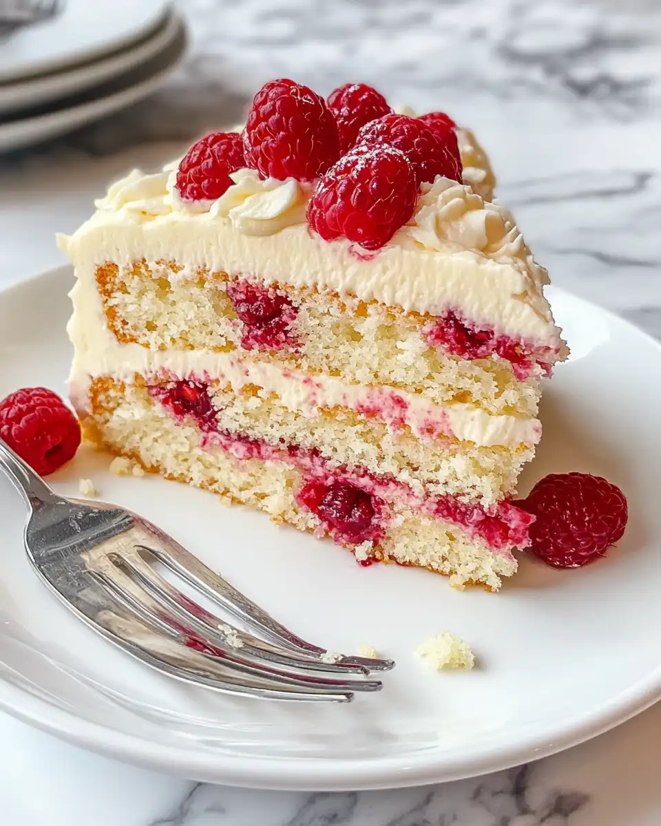 Finished white chocolate raspberry cake topped with sliced almonds